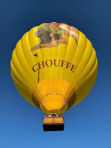 Chouffe ballonvaart in de Ardennen met Marcel en Filva Ballonvaarten hoog in de blauwe lucht.